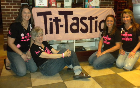 Team Tit Tastic Wearing Our Shirts At Burgers, Boobs & Beer Night   Our Fundraiser For The 2012 Avon Walk For Breast Cancer!  "In Boobs We Trust" T-Shirt Photo