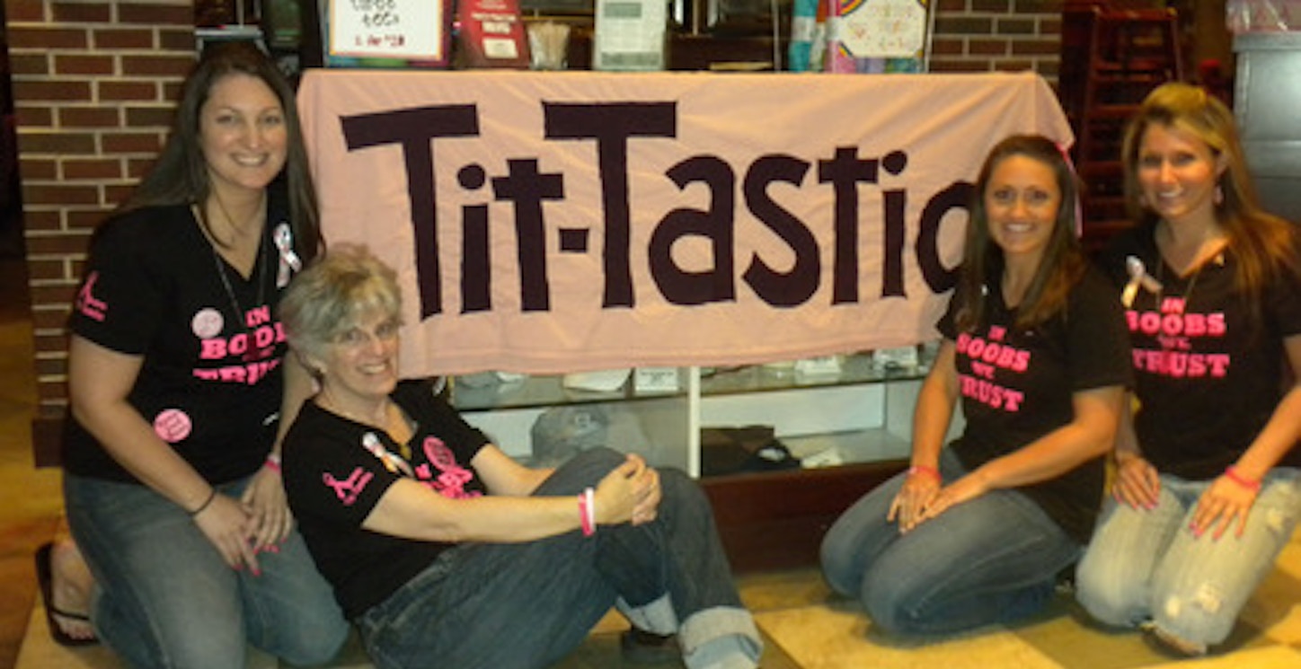 Team Tit Tastic Wearing Our Shirts At Burgers, Boobs & Beer Night   Our Fundraiser For The 2012 Avon Walk For Breast Cancer!  "In Boobs We Trust" T-Shirt Photo