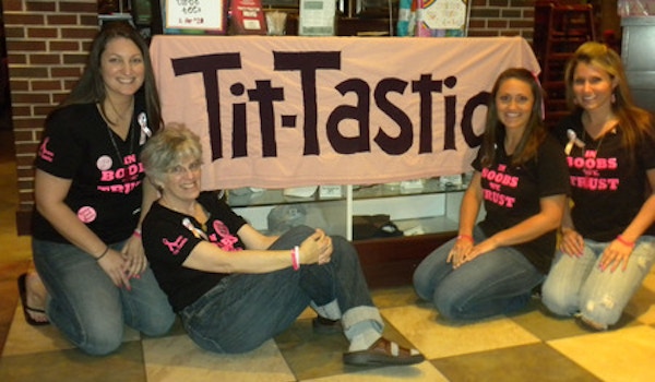 Team Tit Tastic Wearing Our Shirts At Burgers, Boobs & Beer Night   Our Fundraiser For The 2012 Avon Walk For Breast Cancer!  "In Boobs We Trust" T-Shirt Photo