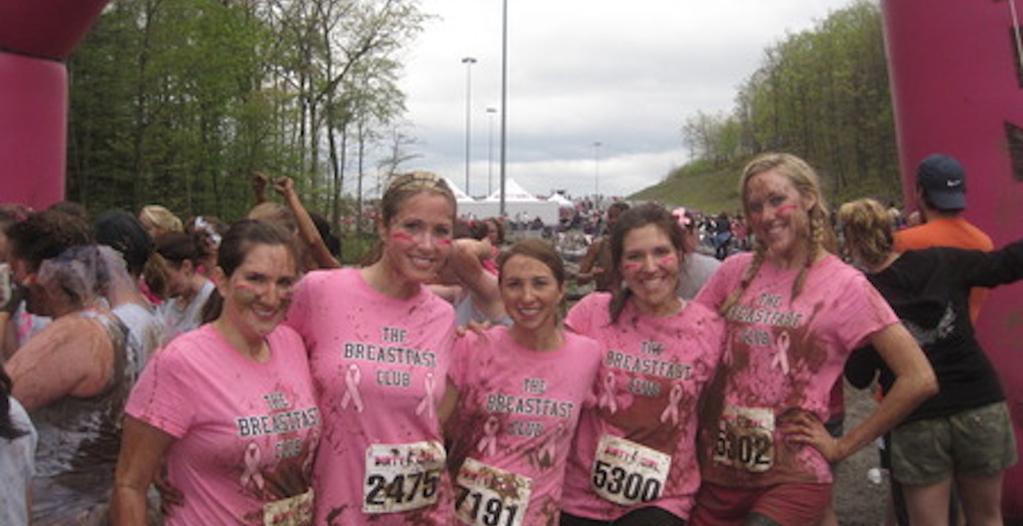 The 'Breastfast' Club Getting Dirty In Our Custom Ink Shirts At The Dirty Girl Mud Run 2012! T-Shirt Photo