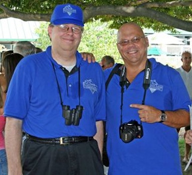 Two Happy Guys Wearing Fantasy Lane Stable Royal Blue T-Shirt Photo