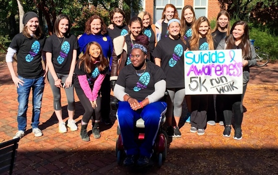 The Peer Health Educators Of St. Mary's College Of Maryland After Their Successful 5 K To Stomp Out Stigma About Suicide And Mental Illness T-Shirt Photo