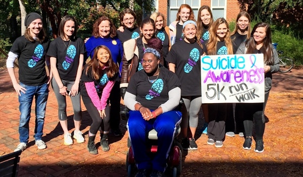 The Peer Health Educators Of St. Mary's College Of Maryland After Their Successful 5 K To Stomp Out Stigma About Suicide And Mental Illness T-Shirt Photo